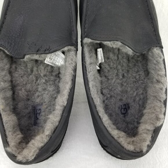 ✅UGG Ascot Black Leather Gray Sheepskin Lined Moc Toe Slippers Men’s 13 Comfort - Picture 6 of 12